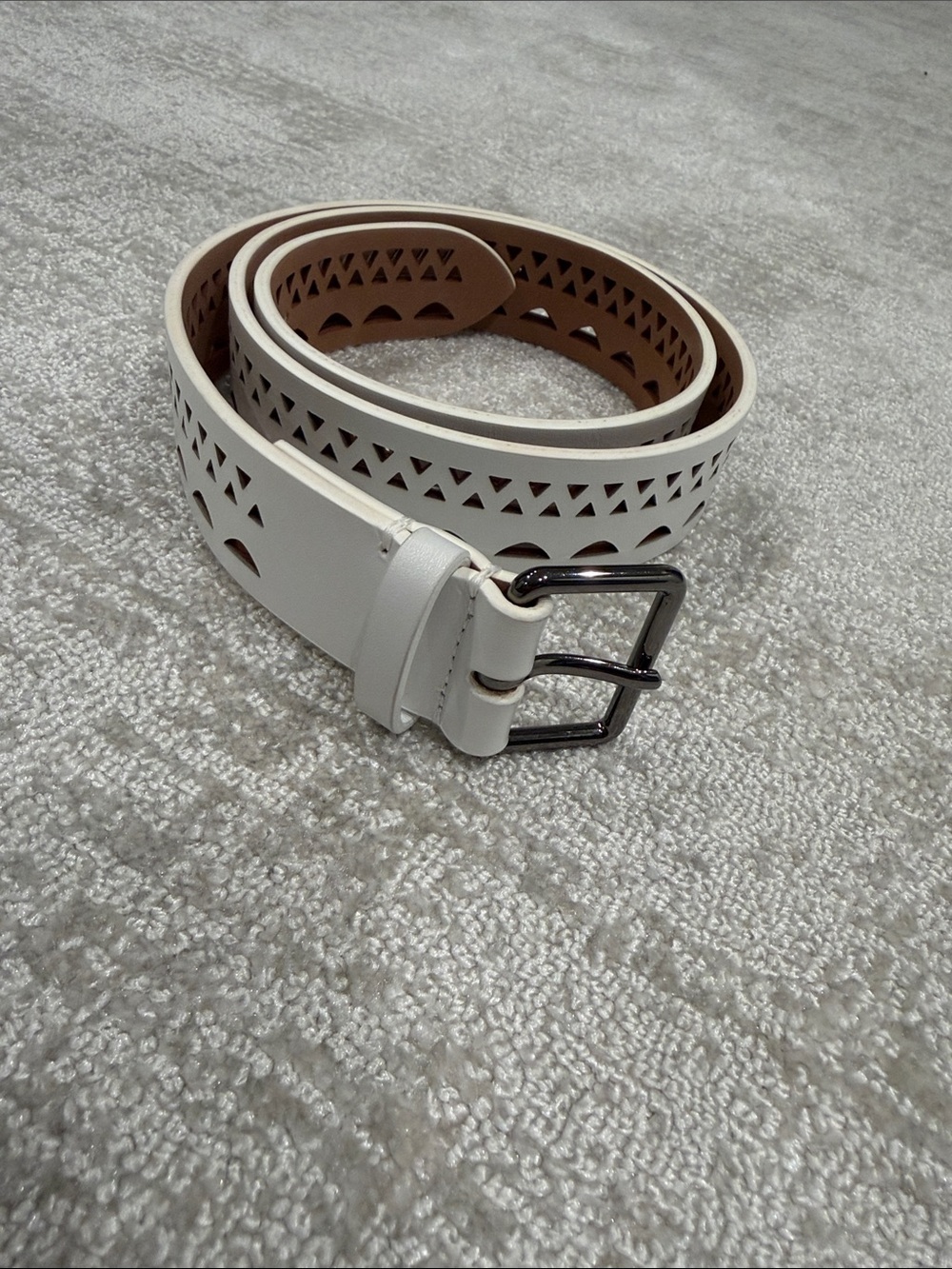 Alaia White Leather Laser-Cut Belt with Silver-Tone Buckle